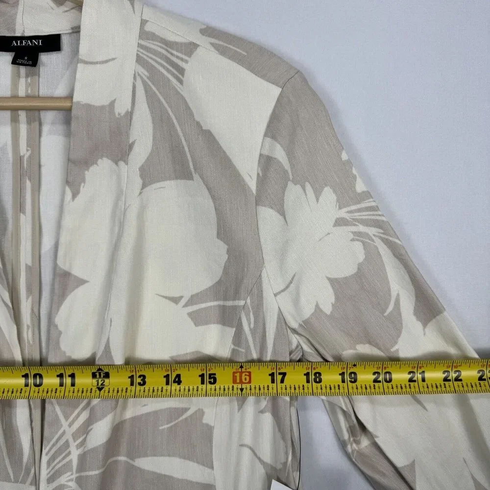 Alfani Floral Linen Cardigan Size Small Long Tan Draped Open Front Ruched Sleeve